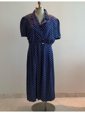 Comfy, Vintage Blue Patterned Short-Sleeve Midi Dress sz 14 petite